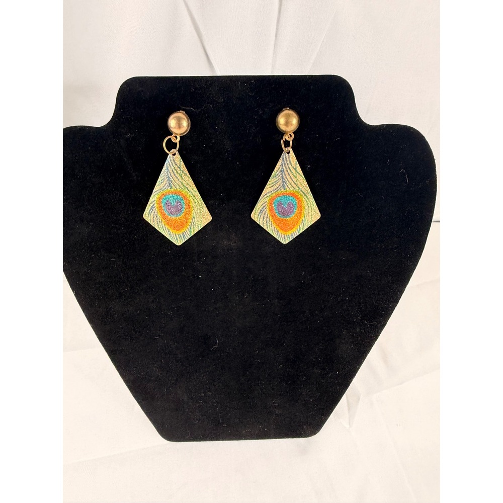 Unbranded Peacock Feather Drop Earrings OS Gold Multicolor Diamond Boho Dangle